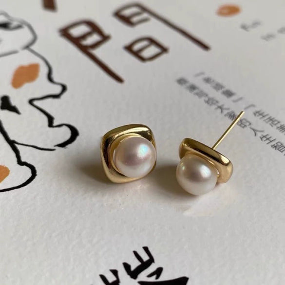 Earrings Natural Freshwater Pearl Square Oblate Silver Design