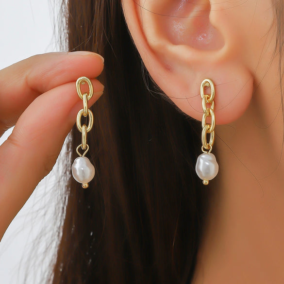 Earrings Pearl Chain Retro Geometric Metal Electroplated For Women