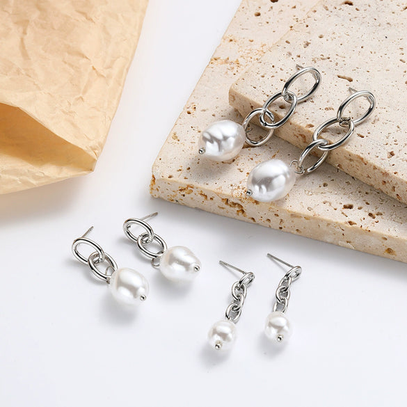 Earrings Pearl Chain Retro Geometric Metal Electroplated For Women