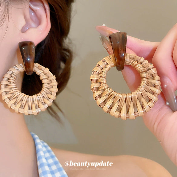 Earrings Plastic Resin Geometric Handmade Vintage Bamboo Straw Style