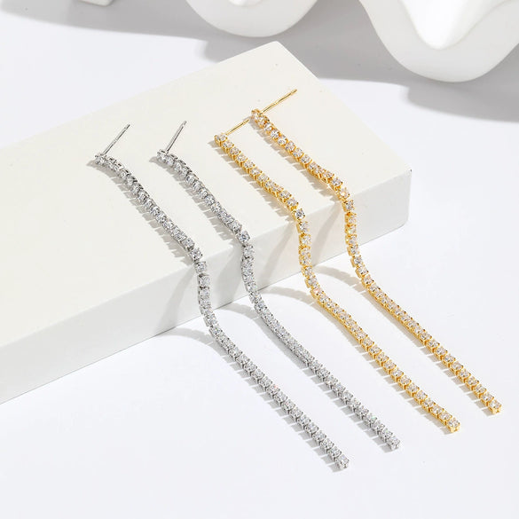 Earrings S925 Silver Copper 18K Geometric Long Tassel Small Square Zircon Diamond