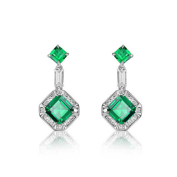 Earrings S225 Silver Cultured Emerald Inlaid With Square Gemstone Geometric Elegant Style