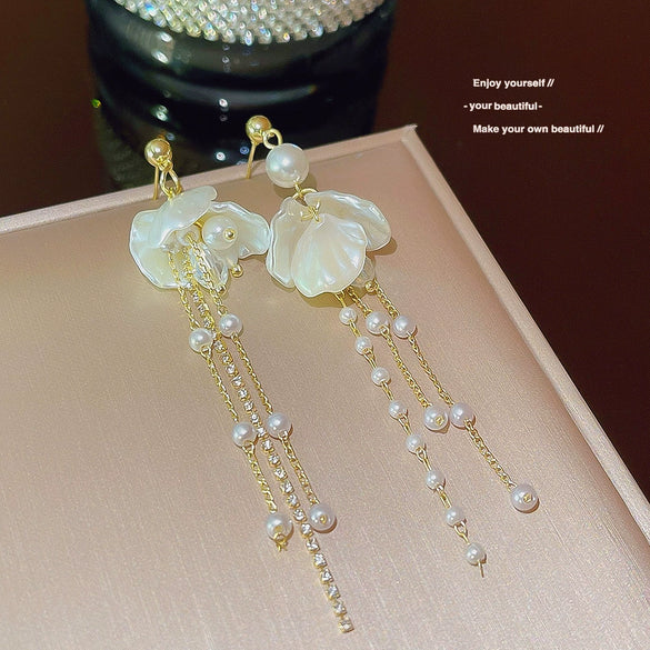 Earrings 925 Silver Pearl Acrylic Crystal Flowers Style