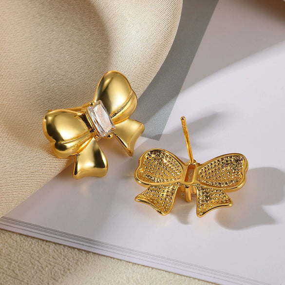 Earrings Stainless Steel Imitation Pearl Bow Light Luxury Style Electroplating
