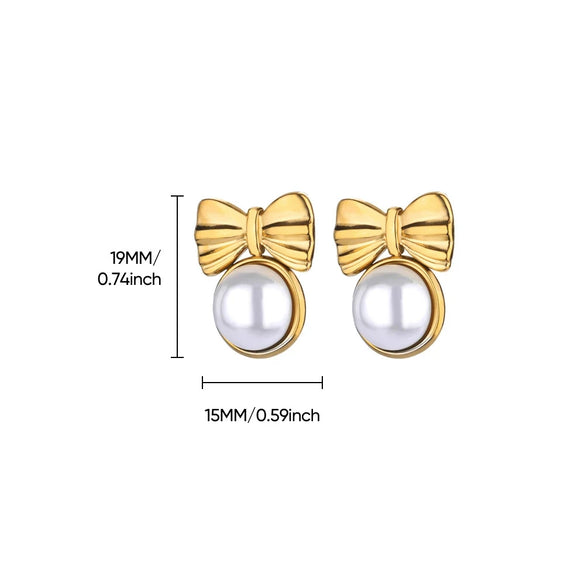 Earrings Stainless Steel Imitation Pearl Bow Light Luxury Style Electroplating