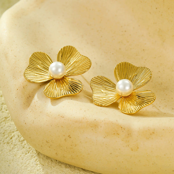 Earrings Stainless Steel 18K Gold Plated Petals With Pearl Vintage Style