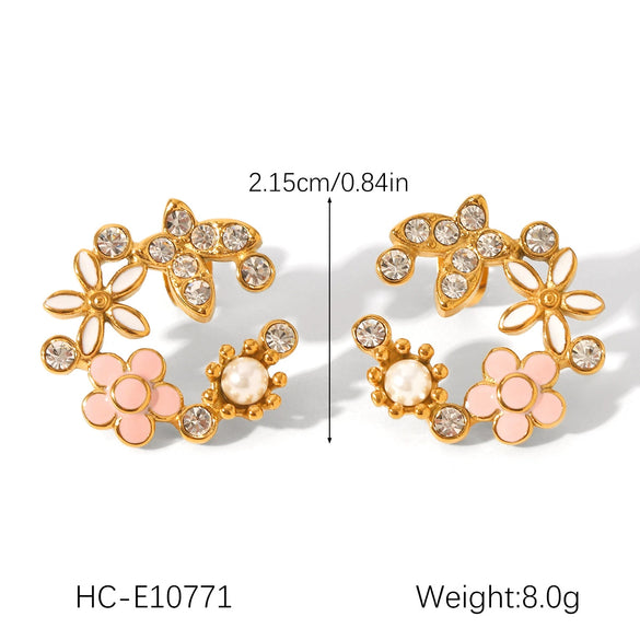 Earrings Stainless Steel Pearl Flower Geometric Butterfly Inlaid Zircon