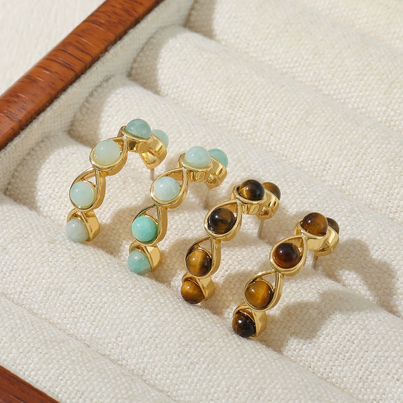 Earrings Tiger's Eye Stone Copper 925 Silver Handmade Retro Maillard Geometric