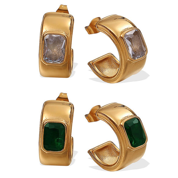 Earrings 316L Stainless Steel Cshaped Inlaid Green Zircon Plated With 18K Gold Fashionable
