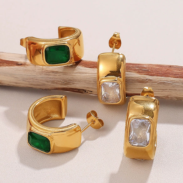 Earrings 316L Stainless Steel Cshaped Inlaid Green Zircon Plated With 18K Gold Fashionable
