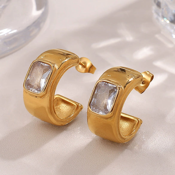 Earrings 316L Stainless Steel Cshaped Inlaid Green Zircon Plated With 18K Gold Fashionable