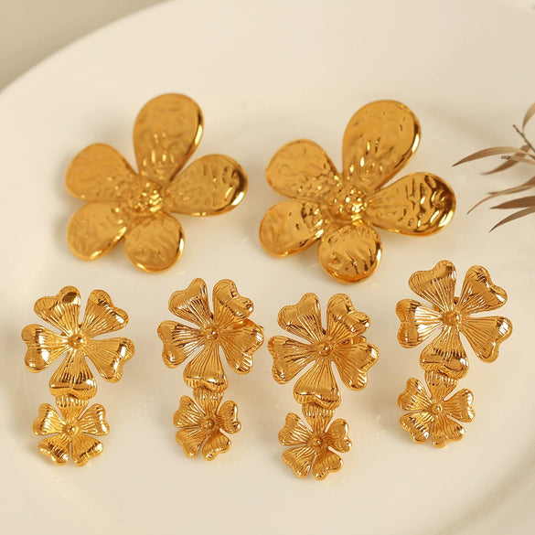 Earrings 316L Stainless Steel Flower Leaves Electroplated