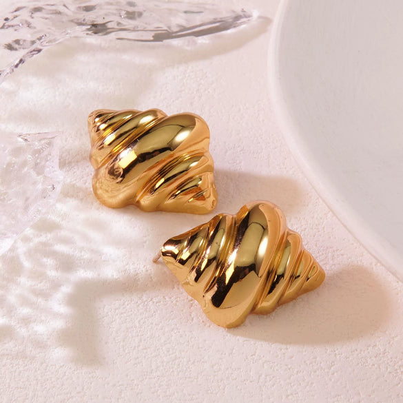 Earrings Titanium Steel Geometric Asymmetrical Hammered Pleated Croissant Ice Cream Shape Simulated Gold Electroplated With Diamond Pattern For Women