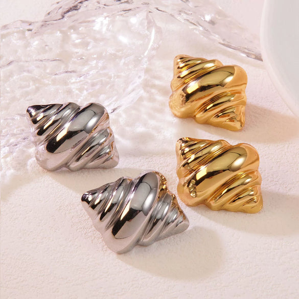 Earrings Titanium Steel Geometric Asymmetrical Hammered Pleated Croissant Ice Cream Shape Simulated Gold Electroplated With Diamond Pattern For Women