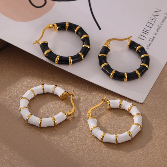 Earrings 316L Stainless Steel Geometric U Shaped Gold Plated Bamboo Stitching Glaze Design