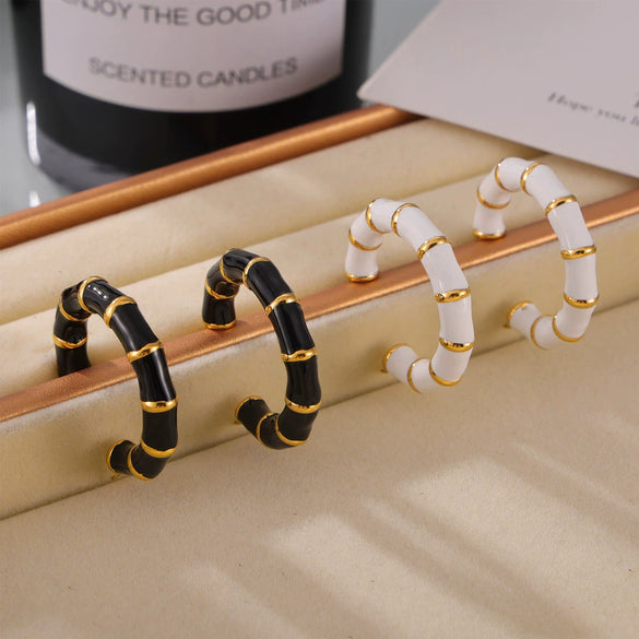 Earrings 316L Stainless Steel Geometric U Shaped Gold Plated Bamboo Stitching Glaze Design