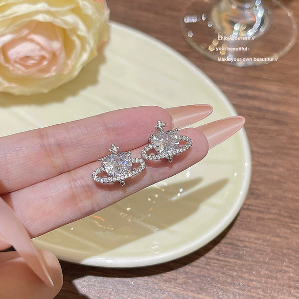 Earrings Titanium Steel Heart Shape Zircon Cosmic Planet Design