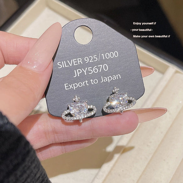 Earrings Titanium Steel Heart Shape Zircon Cosmic Planet Design