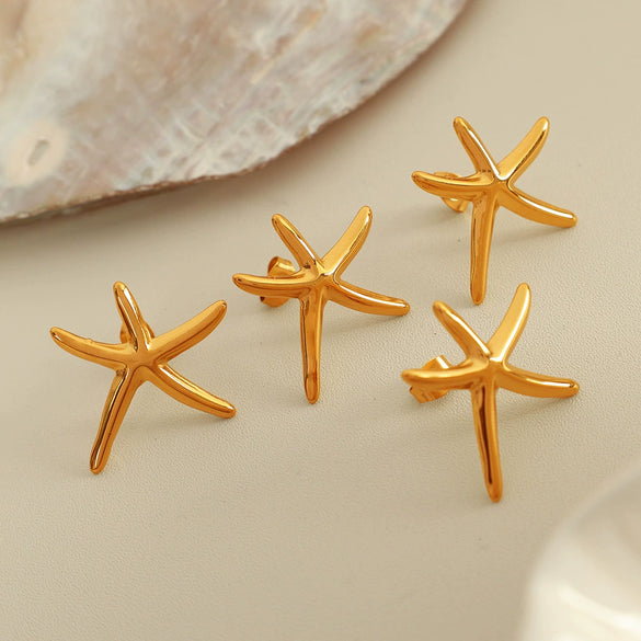 Earrings 316L Stainless Steel 18K Gold Plated Starfish Shells Animal Pattern Electroplated For Women