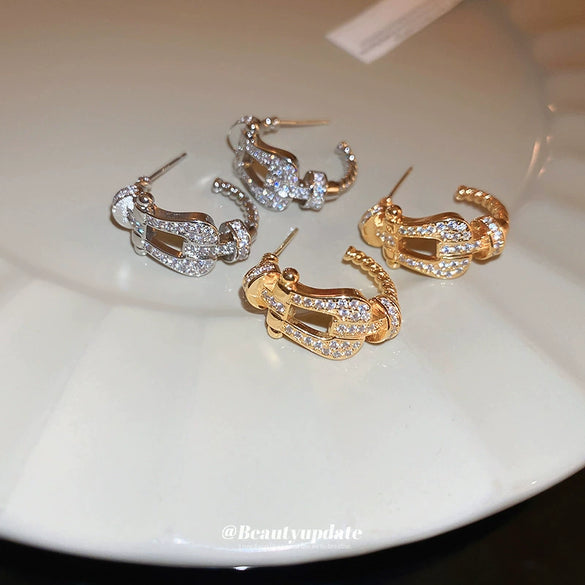 Earrings Zircon Horseshoe C Shaped Silver Needle Light Luxury With Letters Numbers Text Design For Women