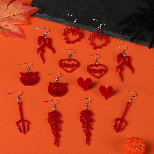 Ecofriendly Acrylic Earrings With Geometric Pattern And Printing For Women Halloween Red Love Flame Design