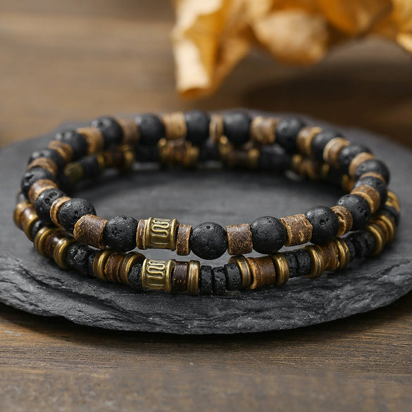 Elastic Volcanic Stone And Wooden Beads Coconut Shell Handmade Geometric Style Unisex Bracelets