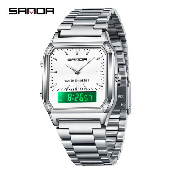 Electronic Watch Alloy Alloy Case Mineral Tempered Glass Mirror Steel Strip Band Square Dial Retro Business Style