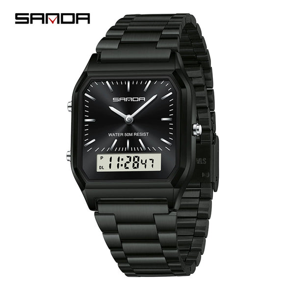 Electronic Watch Alloy Alloy Case Mineral Tempered Glass Mirror Steel Strip Band Square Dial Retro Business Style