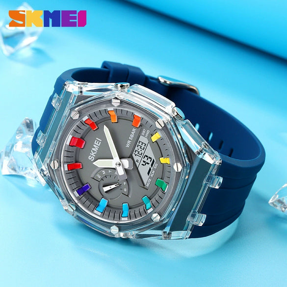 Electronic Watch Multifunctional Luminous Waterproof Pc Case Silicone Strap Round Dial For Men