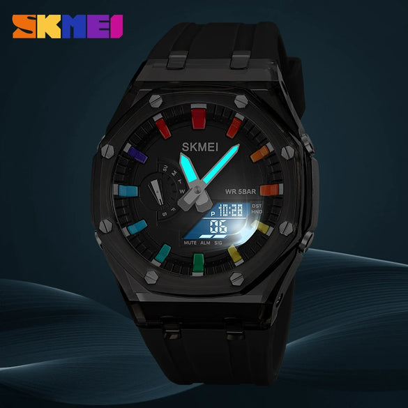 Electronic Watch Multifunctional Luminous Waterproof Pc Case Silicone Strap Round Dial For Men