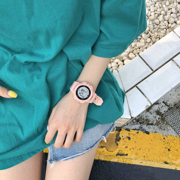 Electronic Watch Silicone Round For Female Middle School Students Korean Simple Trendy Sports Candy Color Luminous Multifunctional
