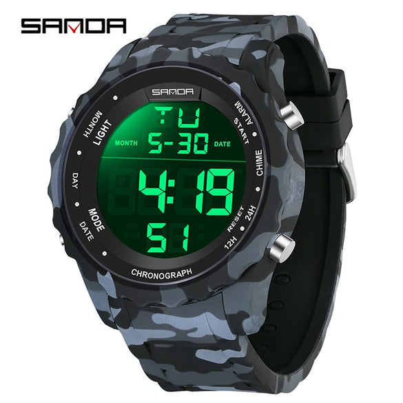 Electronic Watch Silicone Strap Abs Case Acrylic Mirror Round Dial Camouflage Series Outdoor Sports Multifunction