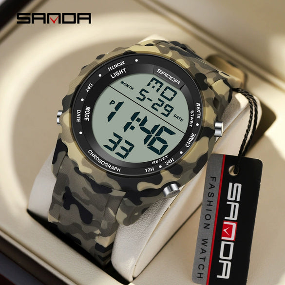 Electronic Watch Silicone Strap Abs Case Acrylic Mirror Round Dial Camouflage Series Outdoor Sports Multifunction