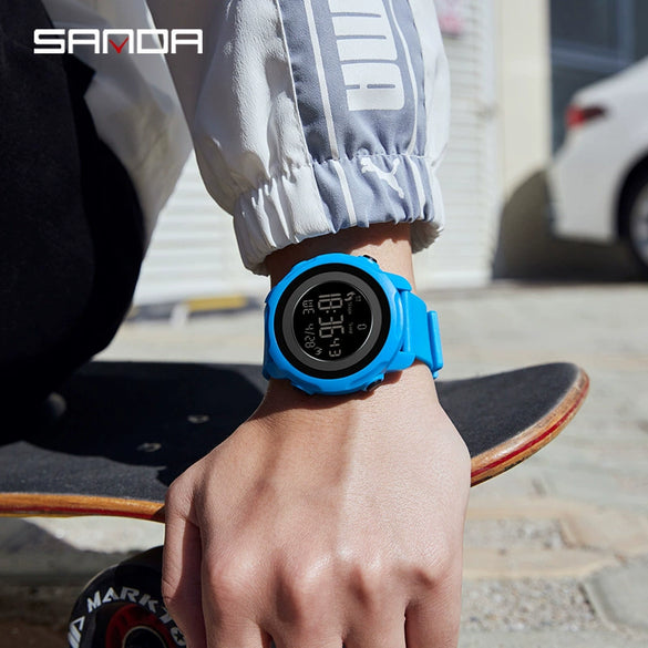 Electronic Watch Silicone Strap Abs Case Acrylic Mirror Round Dial Simple Style Waterproof Multifunctional For Male And Female Students