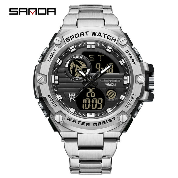 Electronic Watch Steel Band Multifunctional Round Dial Simple Style Waterproof For Men
