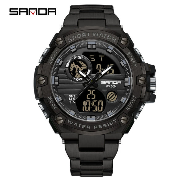 Electronic Watch Steel Band Multifunctional Round Dial Simple Style Waterproof For Men