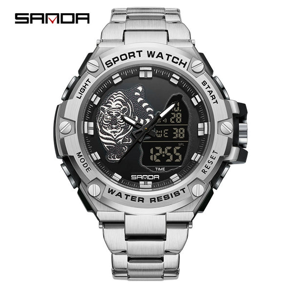 Electronic Watch Steel Band Multifunctional Round Dial Simple Style Waterproof For Men