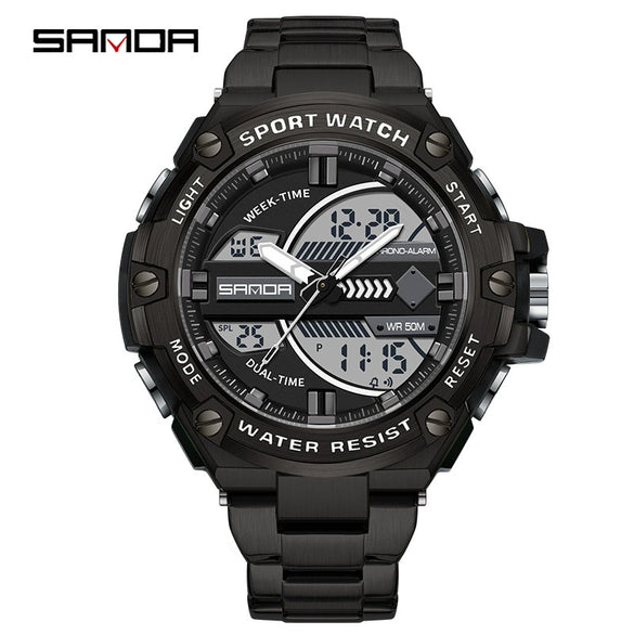 Electronic Watch Steel Band Multifunctional Round Dial Simple Style Waterproof For Men