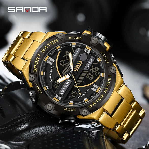Electronic Watch Steel Band Multifunctional Round Dial Simple Style Waterproof For Men
