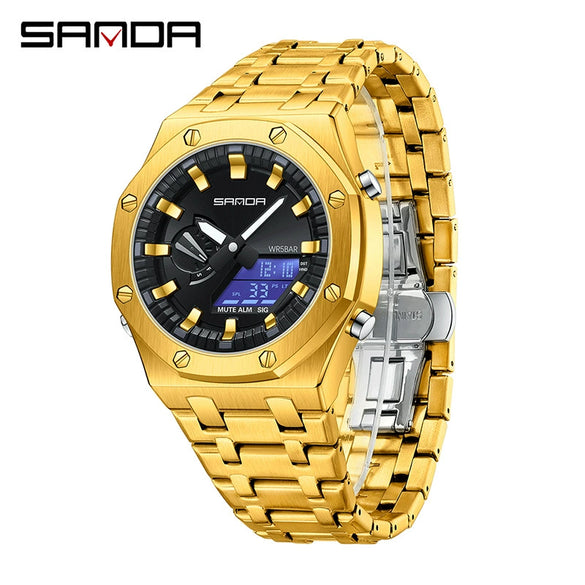 Electronic Watch Zinc Alloy Case Steel Band Round Dial Fashionable Multifunctional Men's Watch