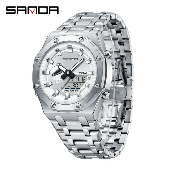 Electronic Watch Zinc Alloy Case Steel Band Round Dial Fashionable Multifunctional Men's Watch