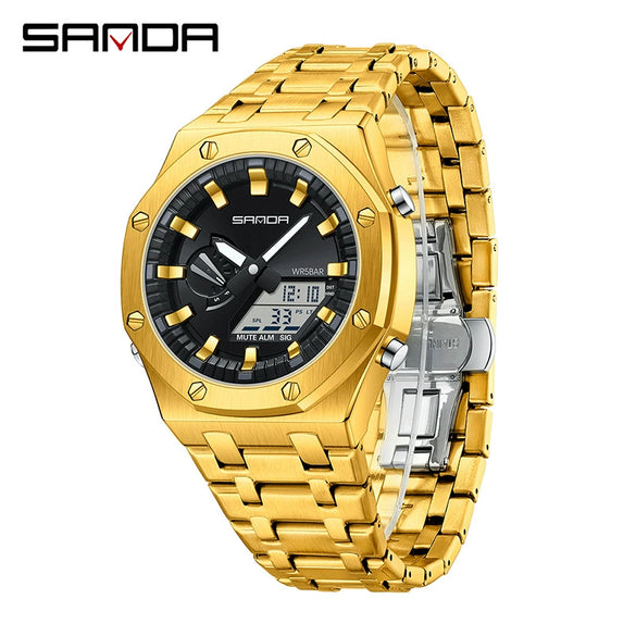 Electronic Watch Zinc Alloy Case Steel Band Round Dial Fashionable Multifunctional Men's Watch