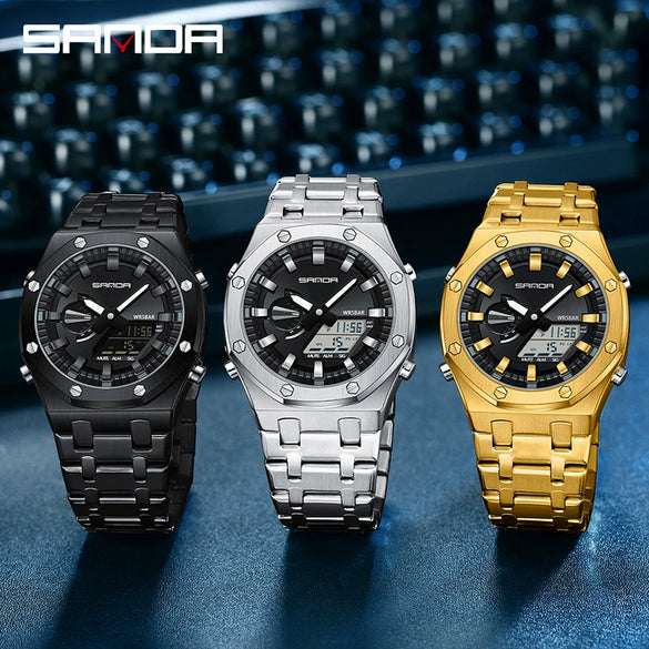 Electronic Watch Zinc Alloy Case Steel Band Round Dial Fashionable Multifunctional Men's Watch