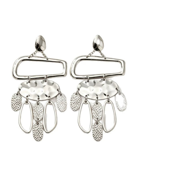 Electroplated Alloy Geometric Square Frame Earrings With Hammered Pendants And Tassel Details Stainless Steel Posts Unisex Statement Accessories