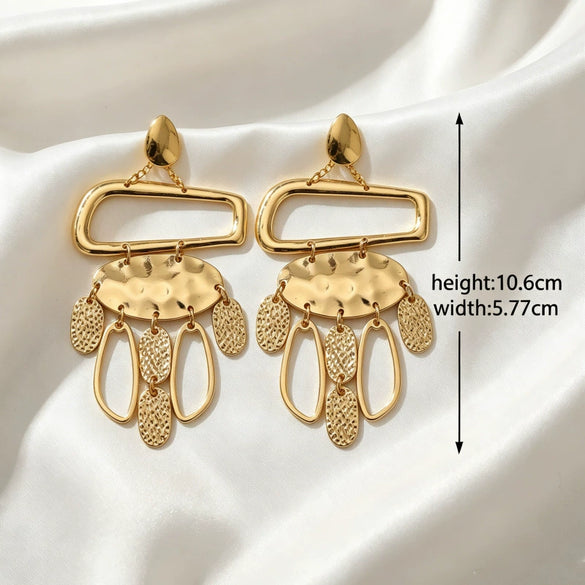 Electroplated Alloy Geometric Square Frame Earrings With Hammered Pendants And Tassel Details Stainless Steel Posts Unisex Statement Accessories