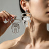 Electroplated Alloy Geometric Square Frame Earrings With Hammered Pendants And Tassel Details Stainless Steel Posts Unisex Statement Accessories