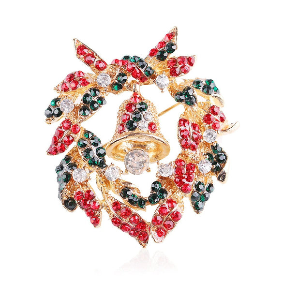 Electroplated Alloy Rhinestone Heart Bell Christmas Brooch Pin With Floral Design For Unisex Wholesale