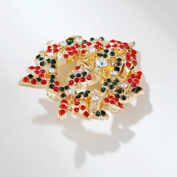 Electroplated Alloy Rhinestone Heart Bell Christmas Brooch Pin With Floral Design For Unisex Wholesale