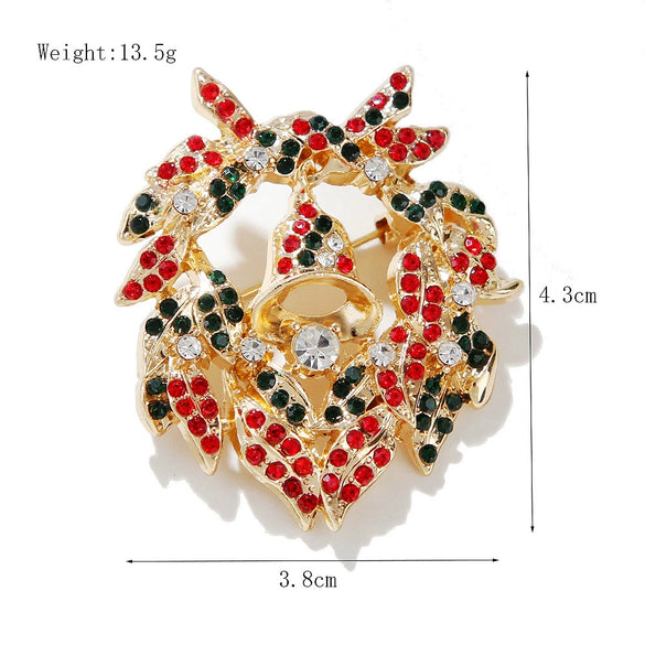 Electroplated Alloy Rhinestone Heart Bell Christmas Brooch Pin With Floral Design For Unisex Wholesale