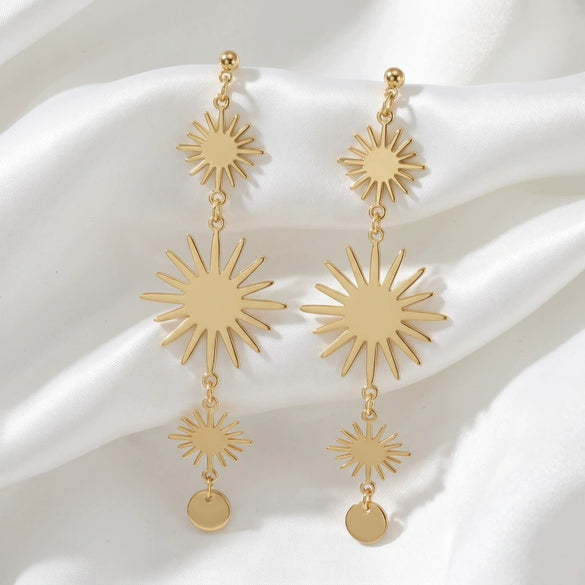 Electroplated Alloy Sunflower Long Tassel Earrings With Geometric Stud Design And Stainless Steel Ear Needles For Women